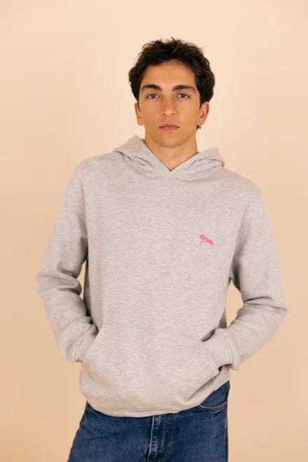 Le Complice, Hoodie, Gris et son Pin Rose en coton bio et modal.