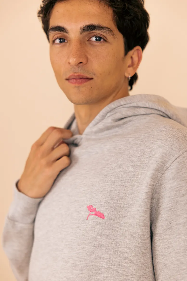 Le Complice, Hoodie, Gris et son Pin Rose en coton bio et modal.